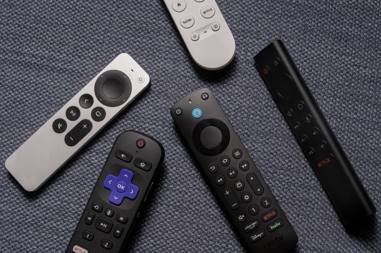 A photo of various remotes from Amazon, Apple, Roku, Google, and Nvidia.
