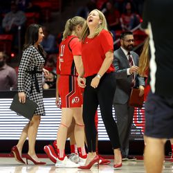 Utah Utes head coach Lynne Roberts, reacts after arguing with a referee as Utah and BYU women compete in a basketball game at the Huntsman Center in Salt Lake City on Saturday, Dec. 4, 2021. BYU won 85-80.