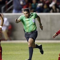 Referee Jeffrey Solis indicates a penalty kick for Real Salt Lake in the second leg of a CONCACAF Champions League quarterfinals match against the Mexican club Tigres of Monterrey at Rio Tinto Stadium in Sandy, Wednesday, March 2, 2016. Tigres won 3-1 on aggregate.