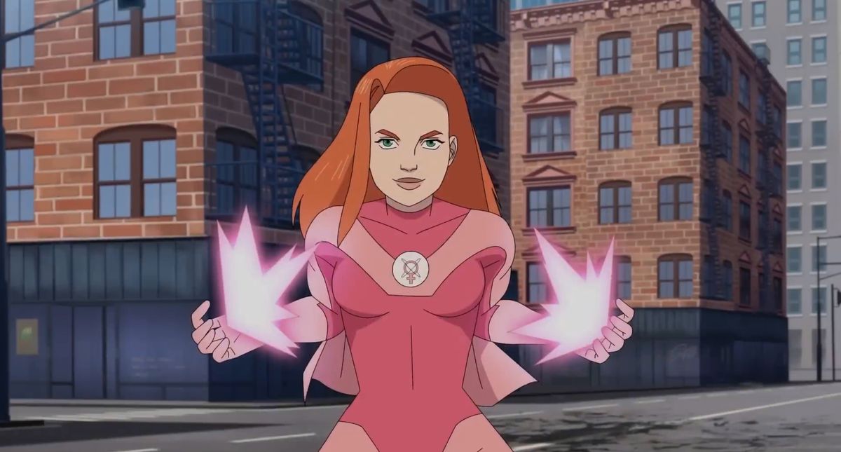 The superhero Atom Eve, a red-haired teenager in a pink-on-pink spandex super-suit, with pink blasts of light emitting from both hands, in the teaser for season 2 of Prime Video’s animated series Invincible