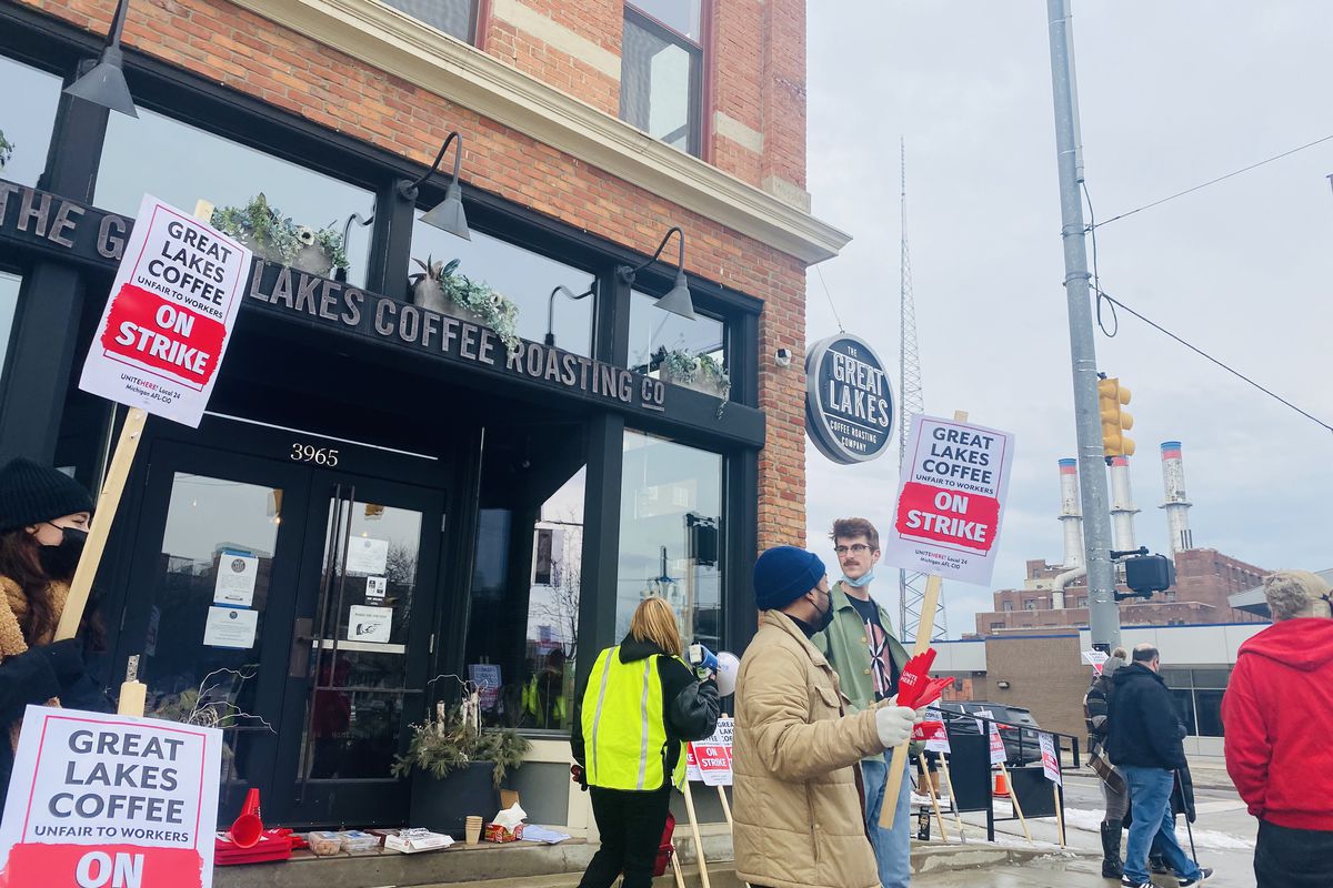Baristas and protesters outside of the Great Lakes Coffee Roasting Company in Detroit, Michigan.