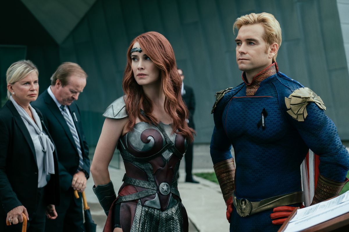 Homelander and Queen Maeve standing at high alert on Amazon’s The Boys