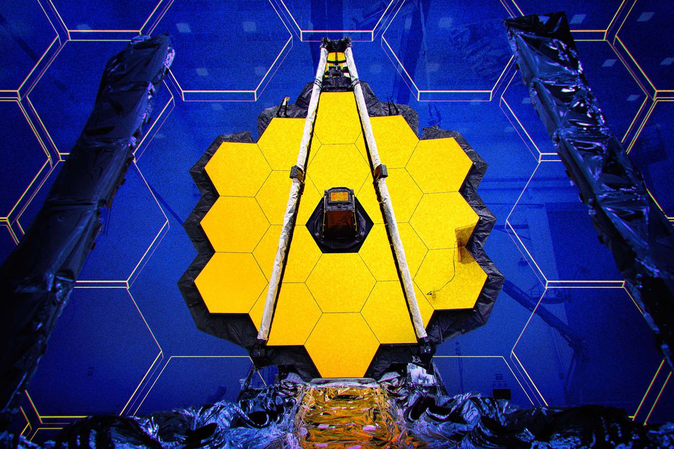 Yellow hexagons make up the JWST mirror on a blue background.