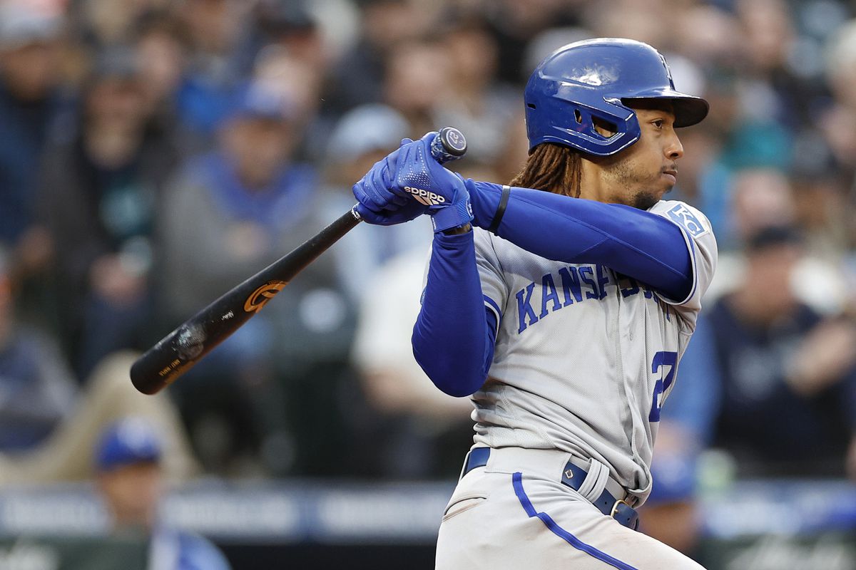 Adalberto Mondesi #27 of the Kansas City Royals at bat against the Seattle Mariners at T-Mobile Park on April 23, 2022 in Seattle, Washington.