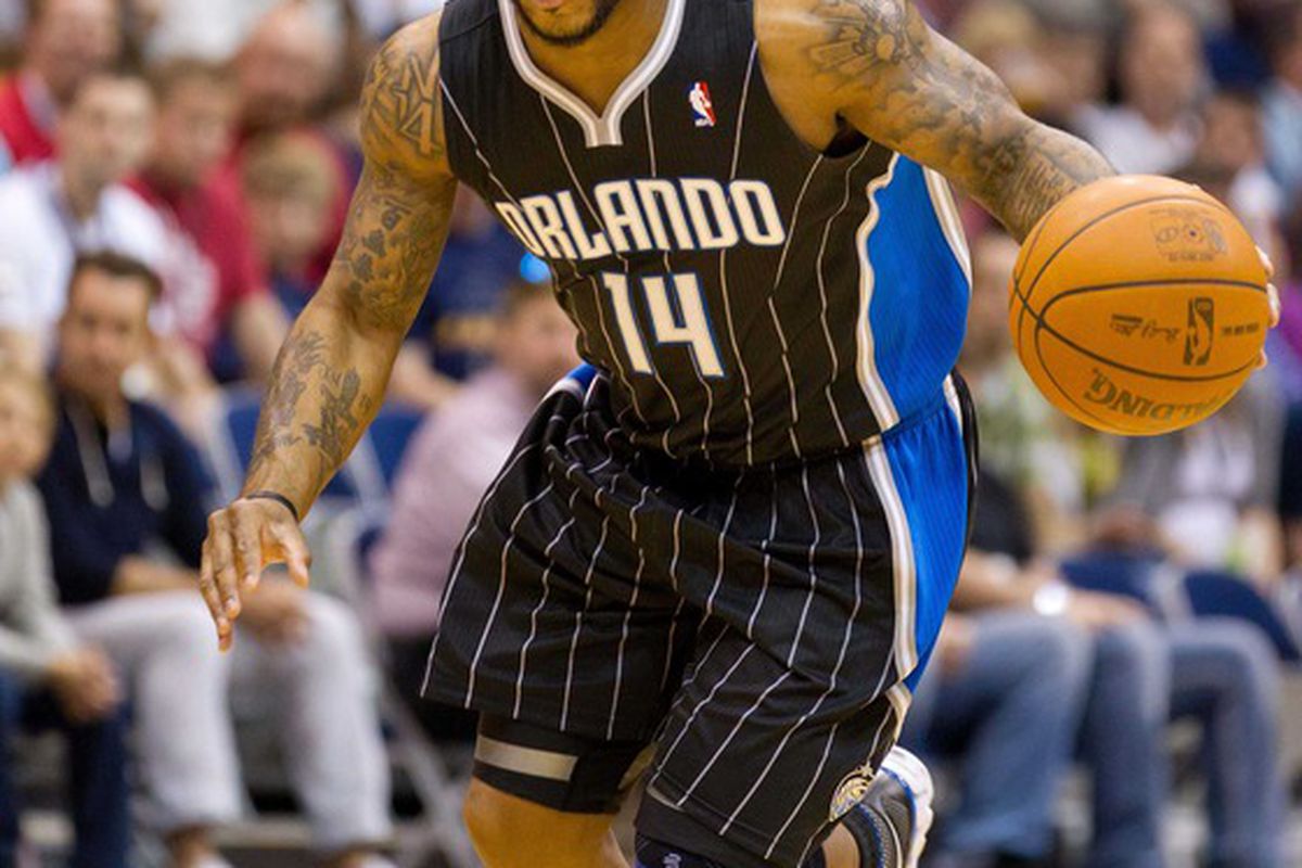 April 21, 2012; Salt Lake City, UT, USA; Orlando Magic point guard Jameer Nelson (14) dribbles up court during the first quarter against the Utah Jazz at Energy Solutions Arena. Mandatory Credit: Russ Isabella-US PRESSWIRE