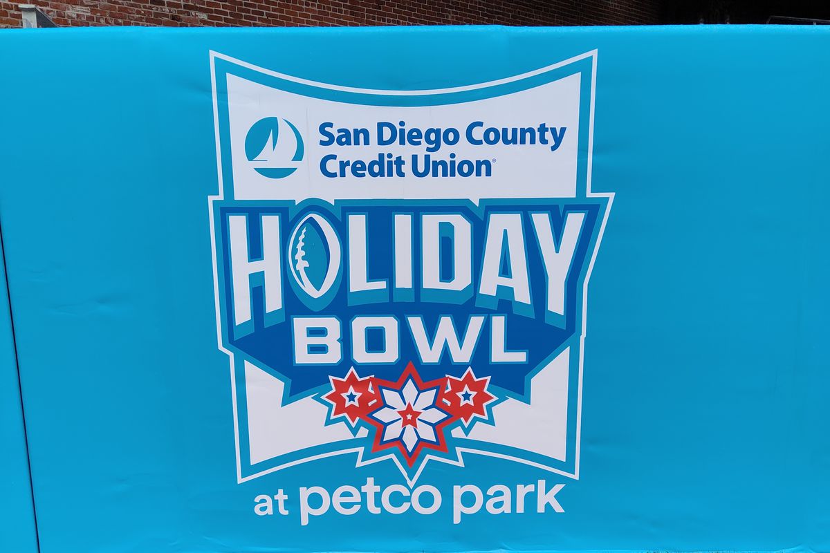 The Holiday Bowl logo in an empty stadium prior to the canceled SDCCU Holiday Bowl between the UCLA Bruins and the San Diego State Aztecs on December 28, 2021, at Petco Park in San Diego, CA.