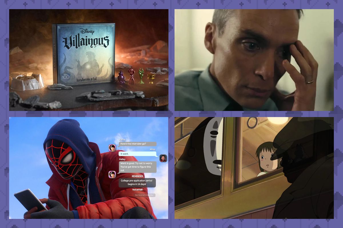 An image consisting of four sections, each highlighting a piece of media included in a sale. On the top left is Disney Villainous, with Oppenheimer to its right. Below, Spider-Man 2 sits on the left and a still from Spirited Away is to the right.