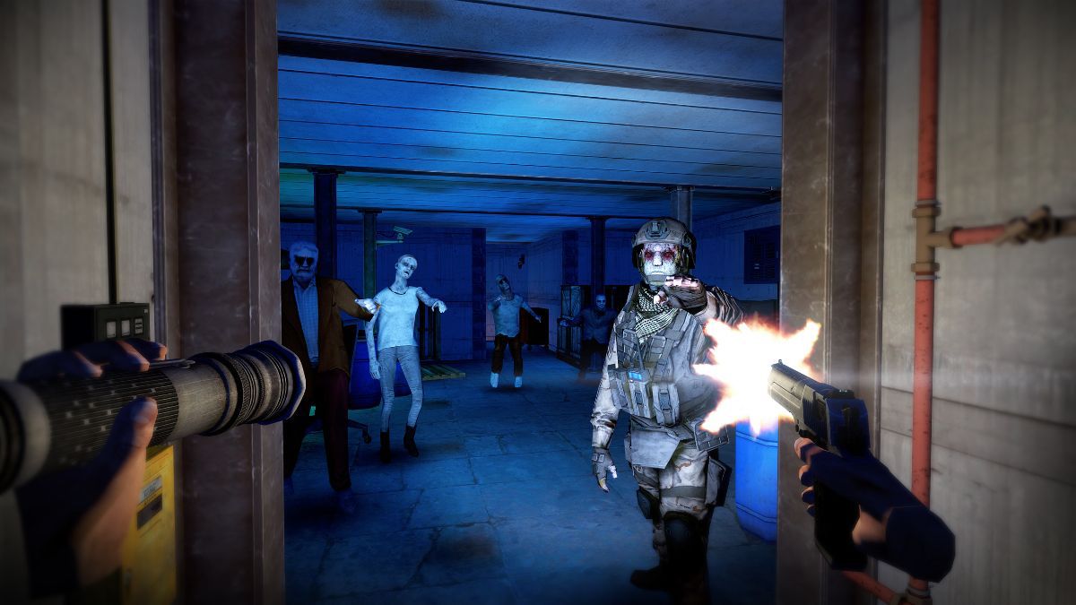 Zombies in combat gear attack a player in VR holding two guns
