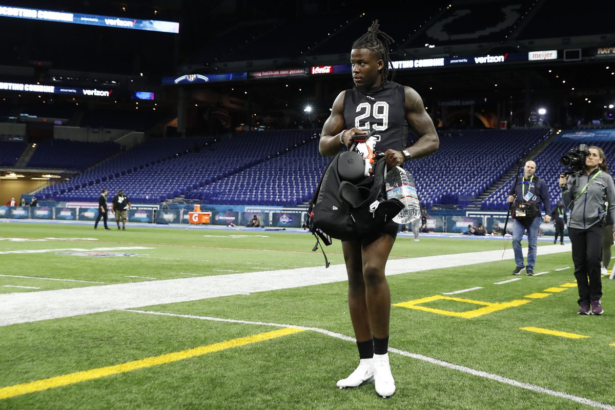 Alabama Crimson Tide wide receiver Jerry Jeudy walks off the field after finishing his workout during the 2020 NFL Combine at Lucas Oil Stadium.