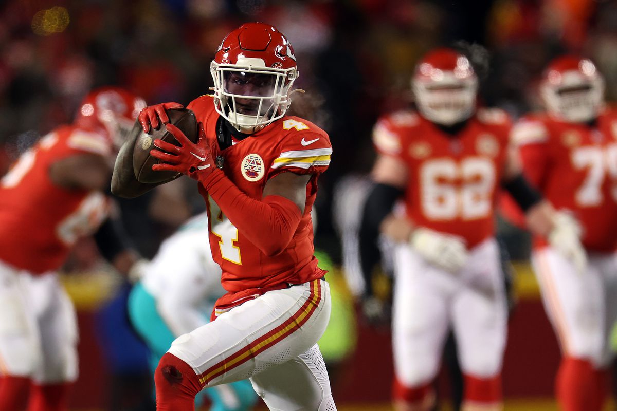 Wide receiver Rashee Rice #4 of the Kansas City Chiefs carries the ball during the AFC Wild Card Playoff game against the Miami Dolphins at GEHA Field at Arrowhead Stadium on January 13, 2024 in Kansas City, Missouri.