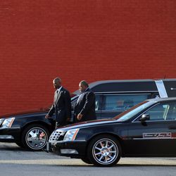 Dec 5, 2012; Kansas City, MO, USA; Kansas City Chiefs head coach Romeo Crennel and media relations staff member Ted Crews leave after the memorial service for Jovan Belcher at the International Deliverance and Worship Center. 
