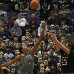 UConn’s Napheesa Collier (24) blocks the shot of Notre Dame's Jessica Shepard (23) during the Notre Dame Fighting Irish vs UConn Huskies women's college basketball game in the Women's Jimmy V Classic at the XL Center in Hartford, CT on December 3, 2017.