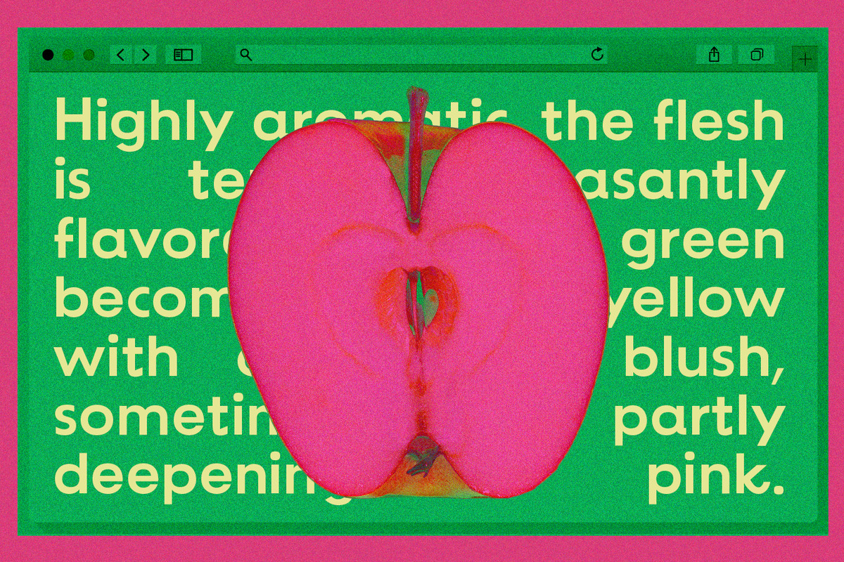 A halved hot-pink apple suspended in front of a green screen with text from the apple database. Illustration.