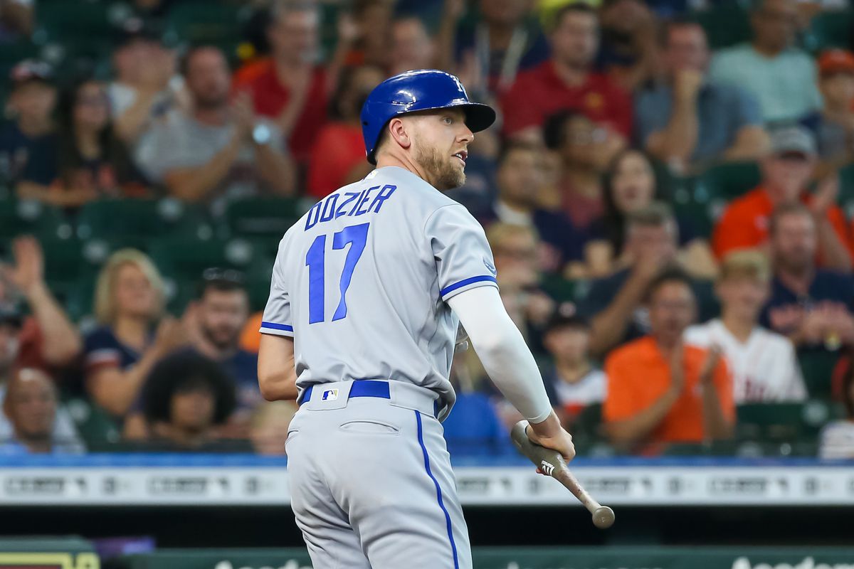 Kansas City Royals designated hitter Hunter Dozier (17) reacts after striking out in the top of the first inning during the MLB game between the Kansas City Royals and Houston Astros on July 5, 2022 at Minute Maid Park in Houston, Texas.