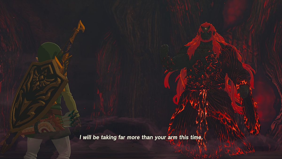 Ganondorf threatens Link during the final boss fight of Zelda Tears of the Kingdom.