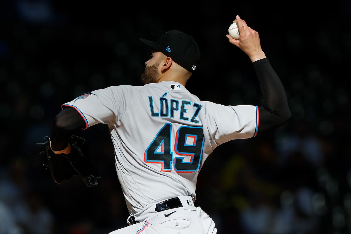Pablo Lopez #49 of the Miami Marlins throws a pitch against the Milwaukee Brewers at American Family Field on October 02, 2022 in Milwaukee, Wisconsin.