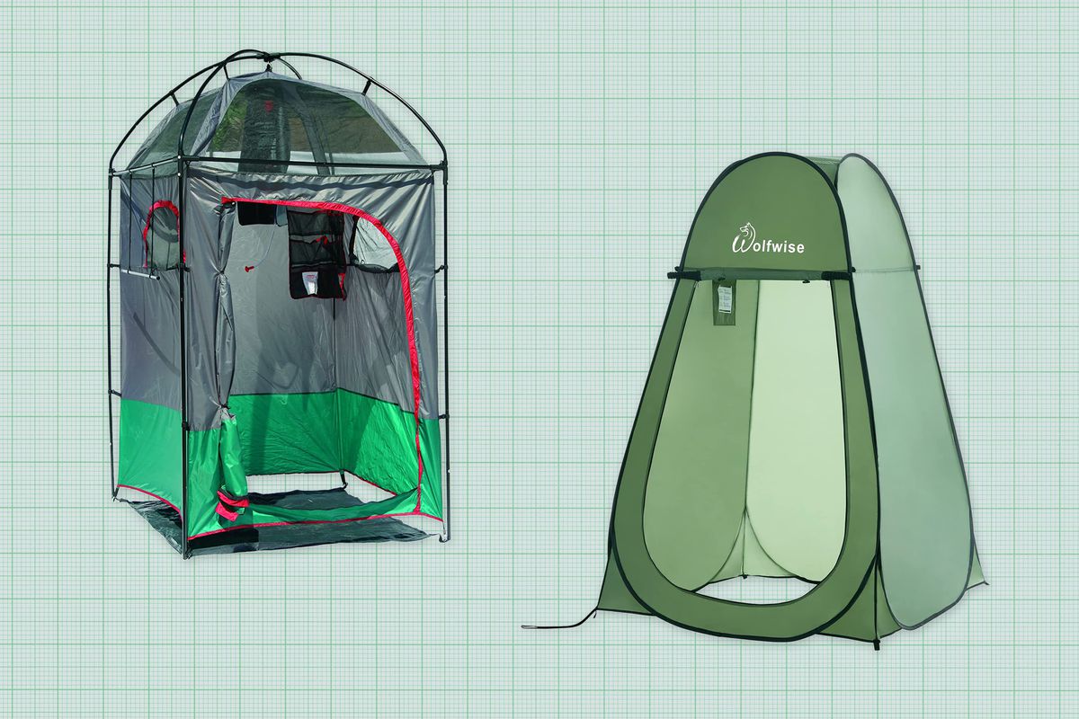 WolfWise Shower Tent and Texsport Shower Shelter isolated on a green graph paper background
