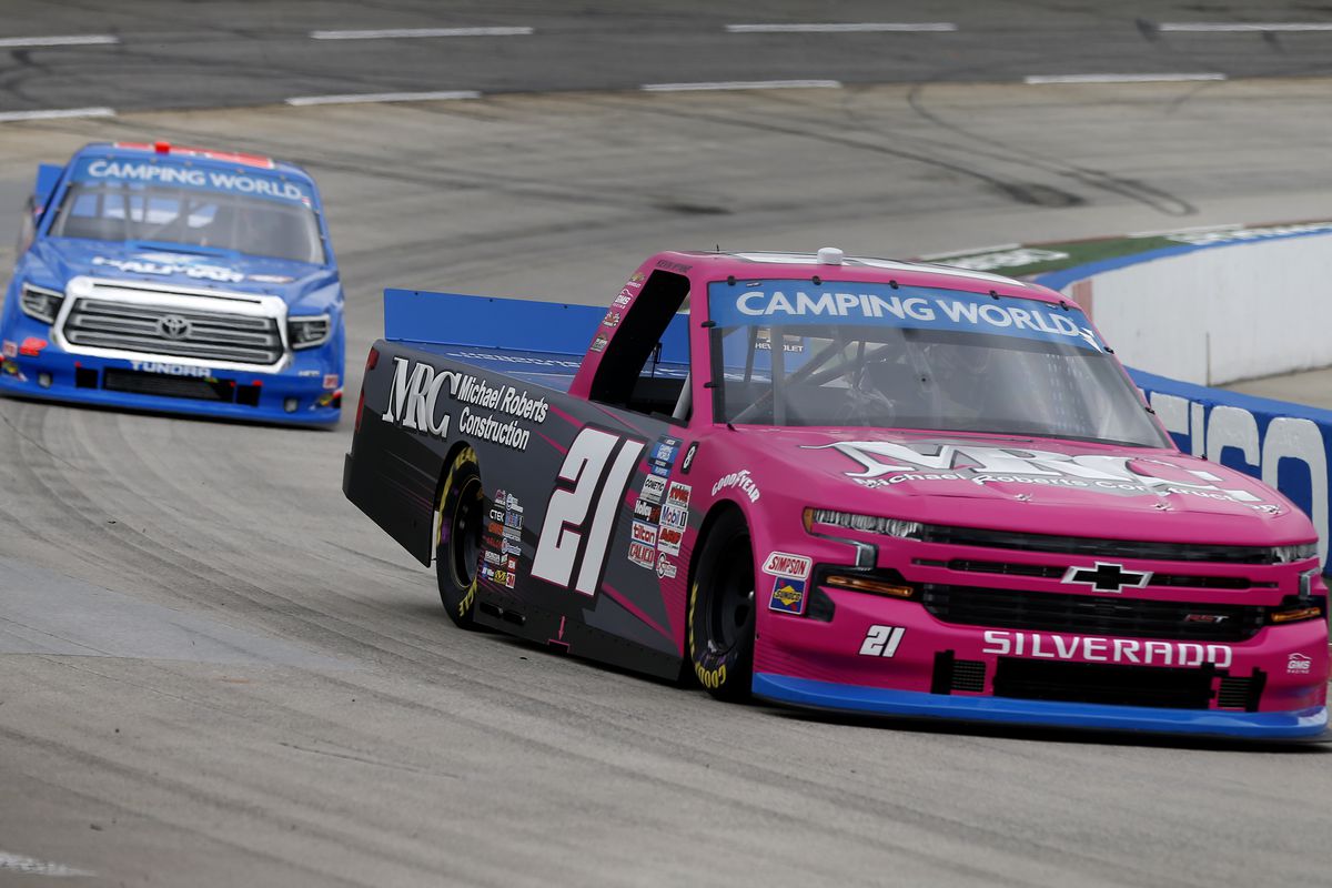 &nbsp;Zane Smith, driver of the #21 MRC Construction Chevrolet, drives during the NASCAR Camping World Truck Series United Rentals 200 at Martinsville Speedway on October 30, 2021 in Martinsville, Virginia.