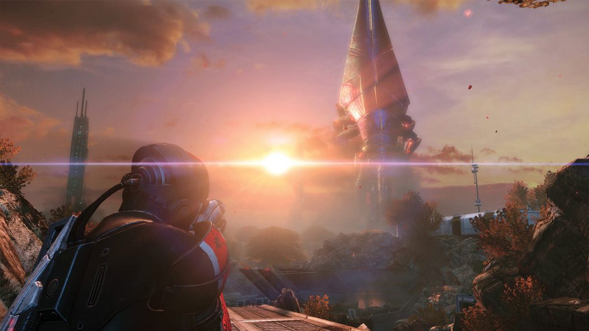 Mass Effect - Shepard looks at a giant alien lifeform on the planet of Eden Prime