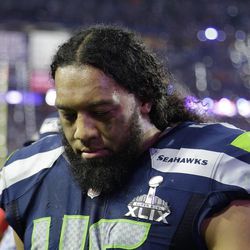 Seattle Seahawks fullback Will Tukuafu (46) walks off the field after the Seahawks lost to the New England Patriots in the NFL Super Bowl XLIX football game Sunday, Feb. 1, 2015, in Glendale, Ariz.