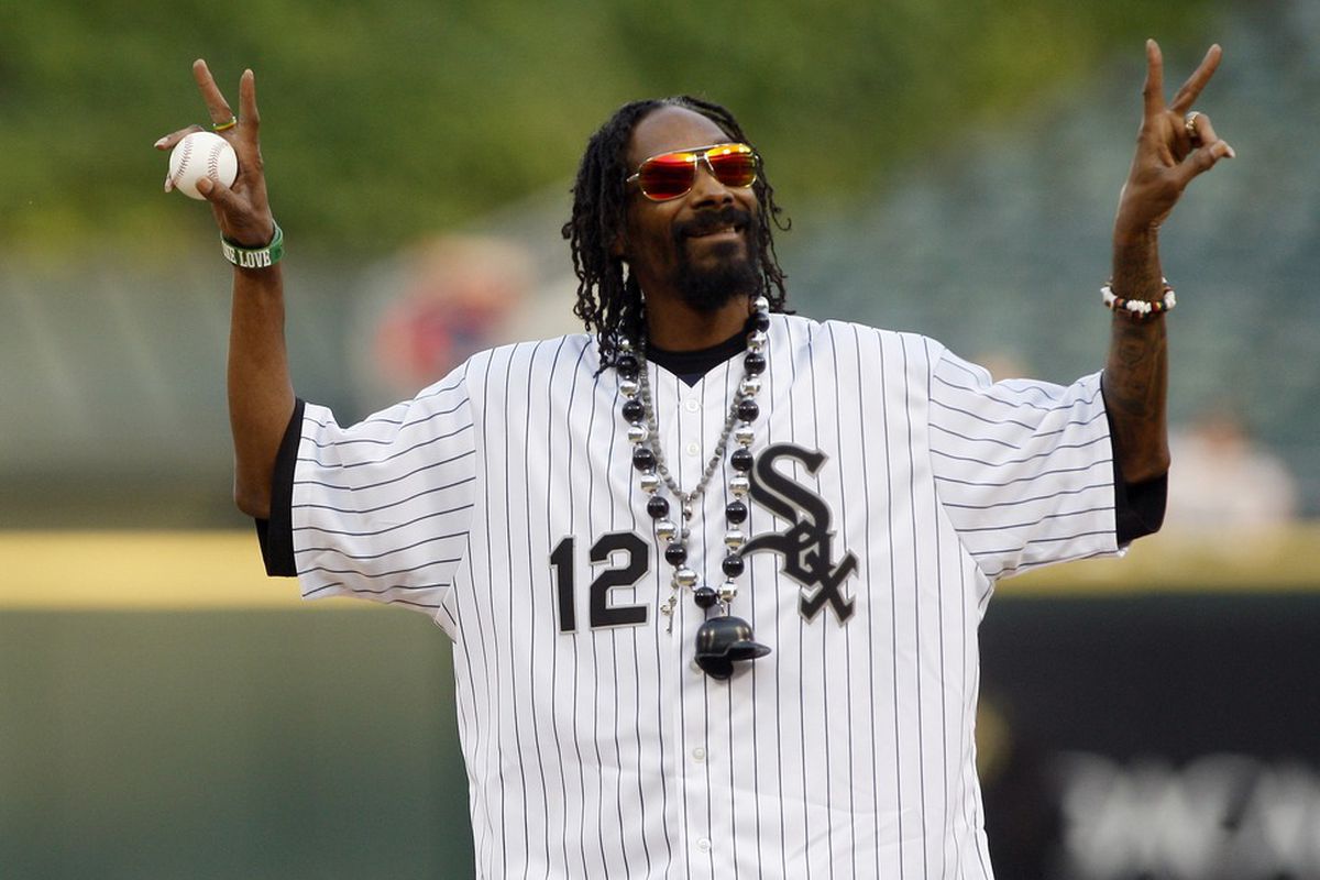 Nemo Hoes, aka Snoop Doggy Dogg, rocks the A. J. Pierzynski #12 to throw out the first pitch.