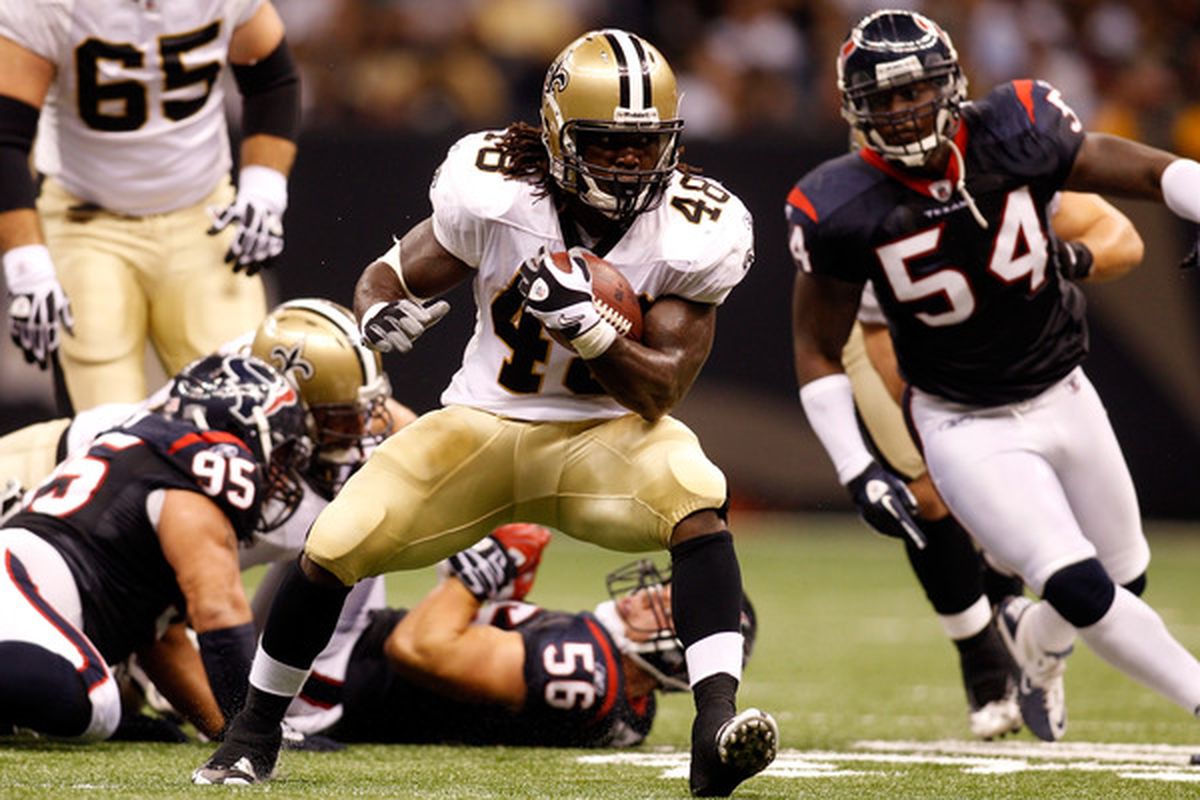 NEW ORLEANS - AUGUST 21:  Chris Ivory #48 of the New Orleans Saints runs the ball against the Houston Texans at the Louisiana Superdome on August 21 2010 in New Orleans Louisiana.  (Photo by Chris Graythen/Getty Images)