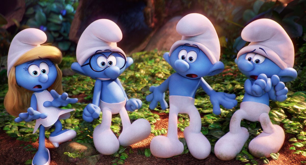 Smurfette, Brainy, Clumsy, and Brawny are taken aback.