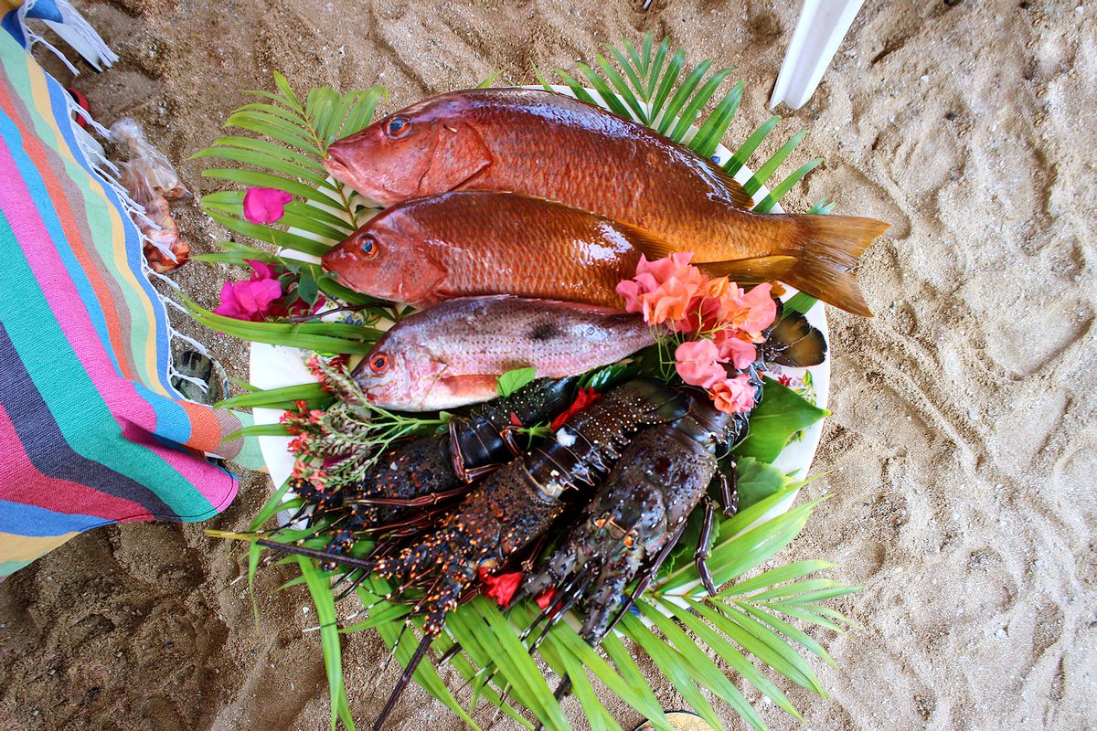 A palm-covered platter showcases several fresh raw fish and lobsters.