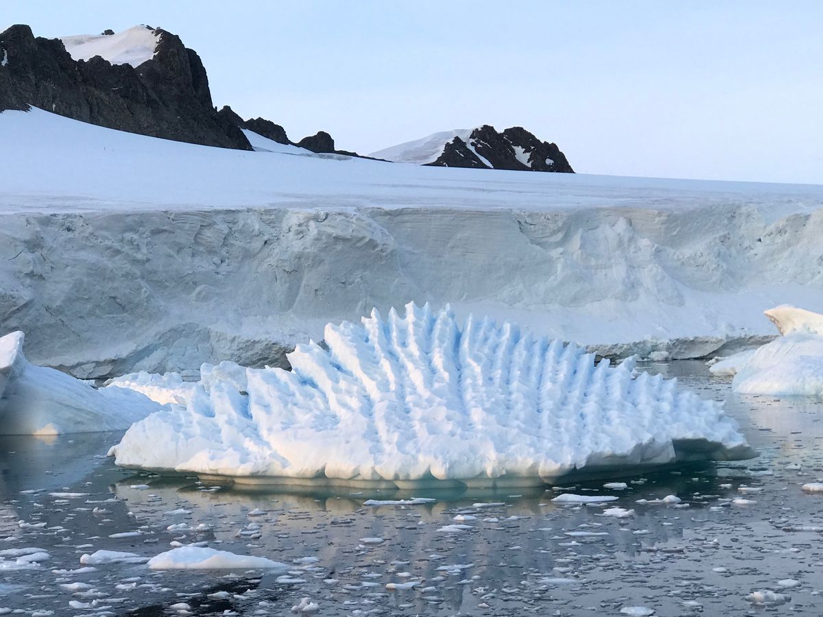 This January 2018 photo provided by researcher Andrew Shepherd shows an unusual iceberg near the Rothera Research Station on the Antarctic Peninsula. In a study released Wednesday, June 13, 2018, an international team of ice experts said the melting of An