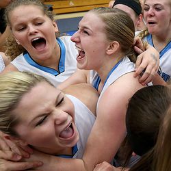 Sky View celebrates after winning the 4A championship game against Skyline at Salt Lake Community College Saturday, Feb. 21, 2015. The Bobcats beat the Eagles, 43-32.