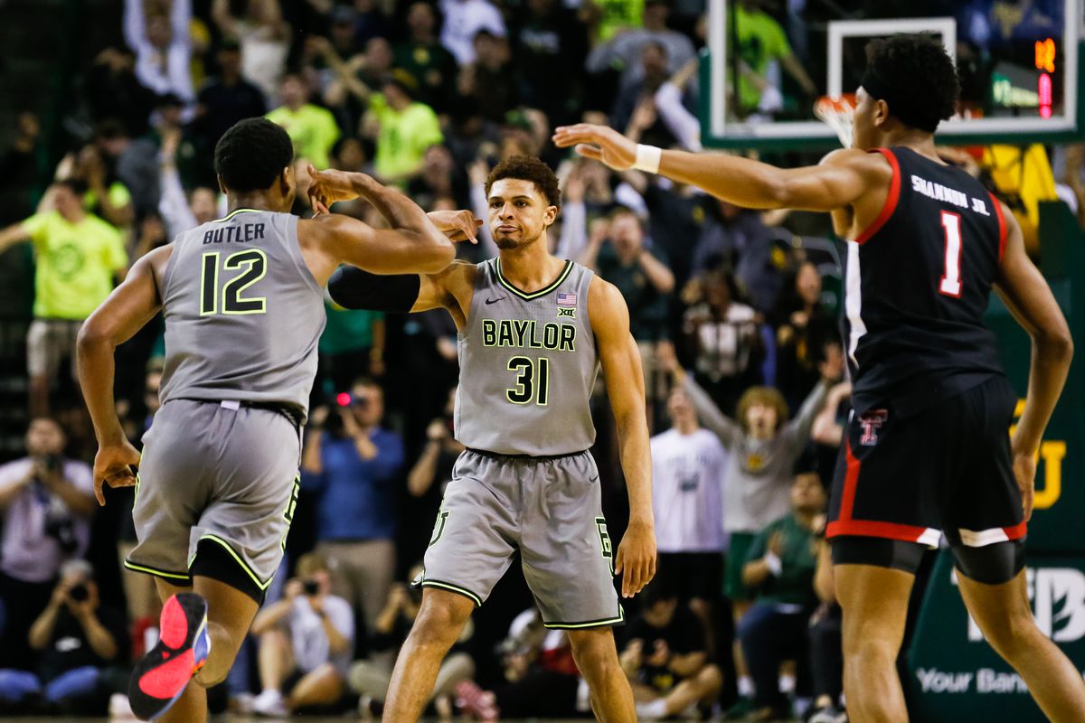 Baylor Bears guard MaCio Teague gestures after a made three point basket with guard Jared Butler against the Texas Tech Red Raiders during overtime at Ferrell Center.&nbsp;