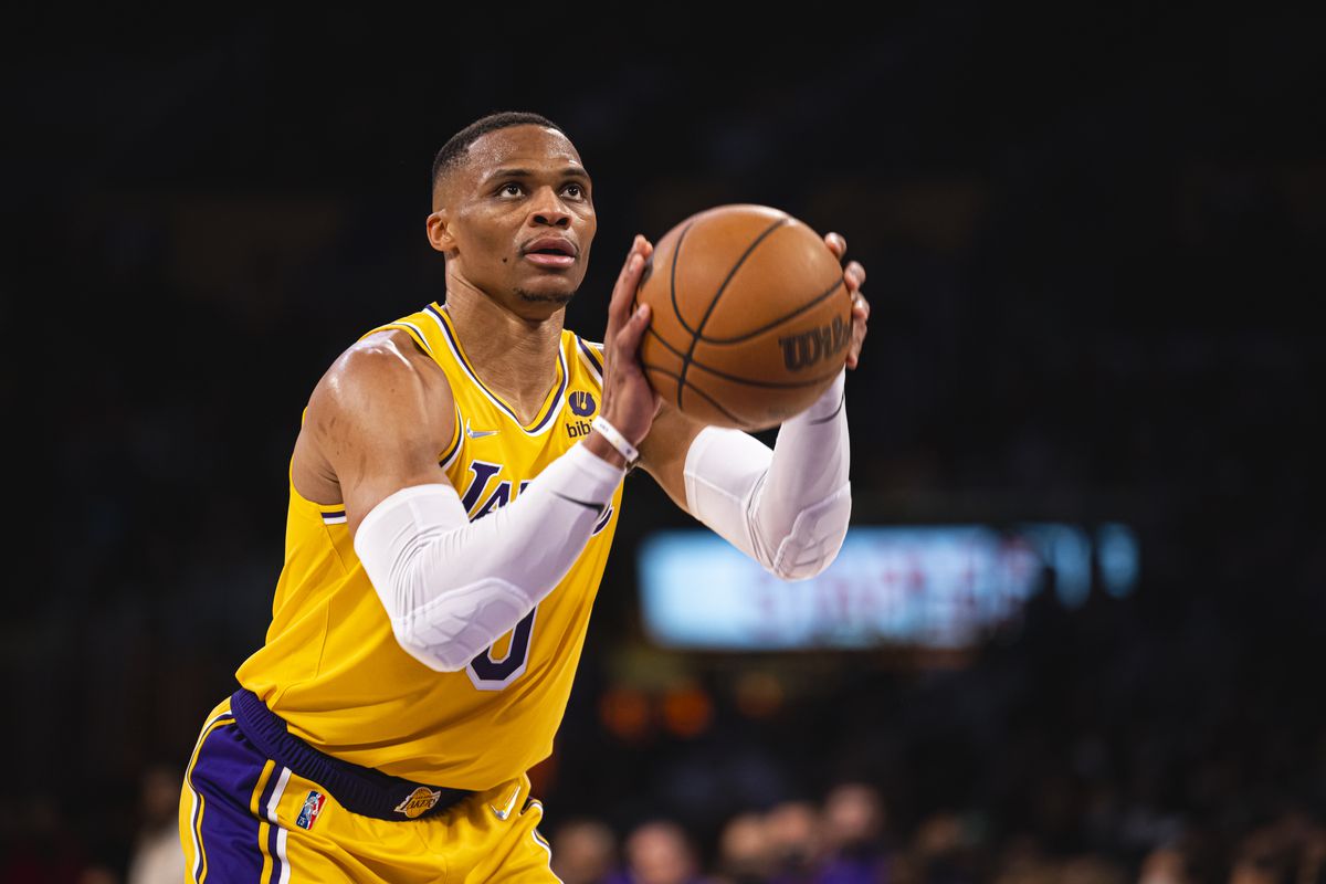 Russell Westbrook #0 of the Los Angeles Lakers shoots a foul shot against the Oklahoma City Thunder on November 4, 2021 at STAPLES Center in Los Angeles, California.