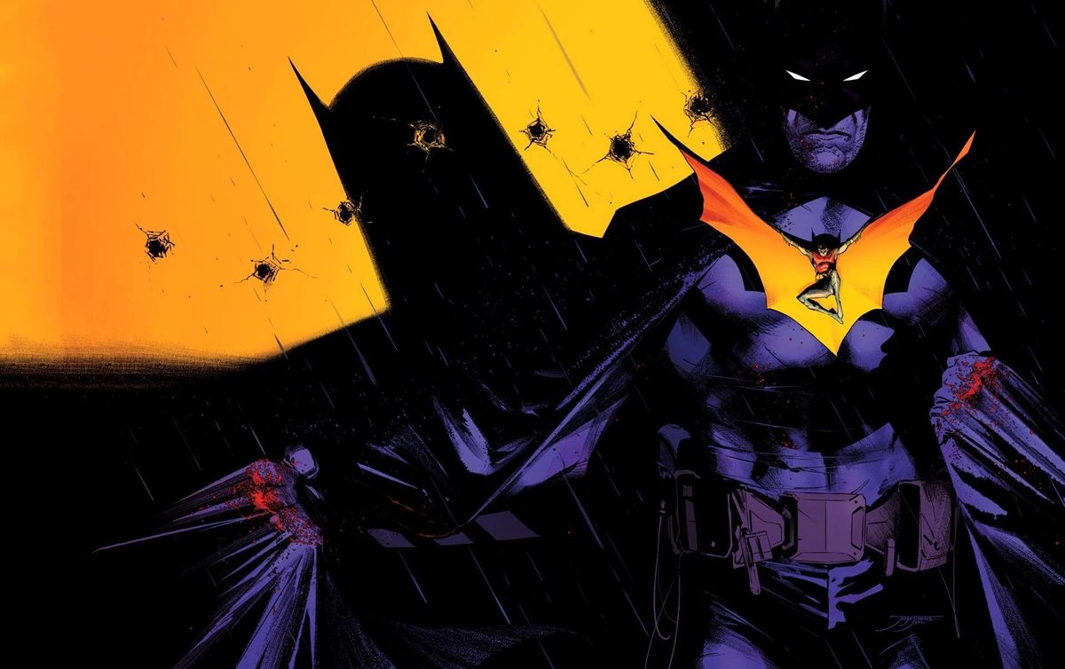 Batman spreads his cape on the wraparound cover of Batman #125 (2022). A jagged line of bullet holes marks the wall to his right. Across his chest is superimposed a small image of Robin/Tim Drake leaping with cape unfurled.