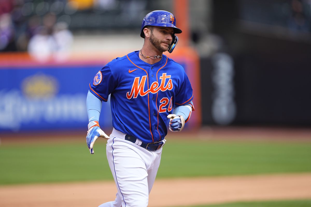 New York Mets First Baseman Pete Alonso rounds the bases after hitting a three run home run during the third inning of game 1 of a double header of the Major League Baseball game between the Atlanta Braves and the New York Mets on May 1, 2023, at Citi Field in Flushing, NY.
