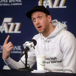 Utah Jazz forward Joe Ingles talks to the media at Zions Bank Basketball Center in Salt Lake City on Thursday, April 25, 2019. Utah's season ended with Wednesday's loss to Houston in the first round of the NBA playoffs.