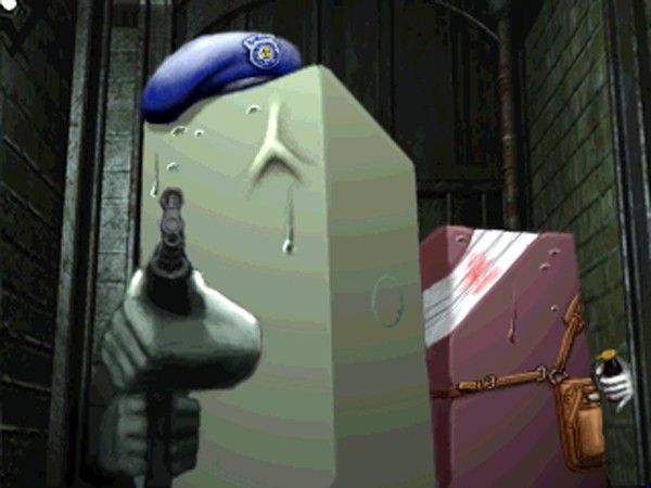 A pair of Tofu stand armed in a screenshot from the original Resident Evil 2.