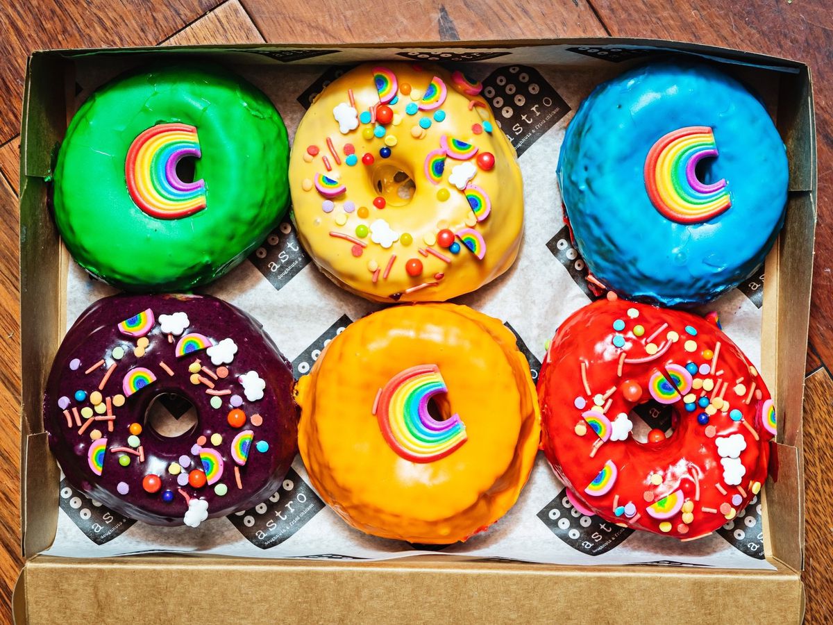 Rainbow decorations on Astro Doughnuts