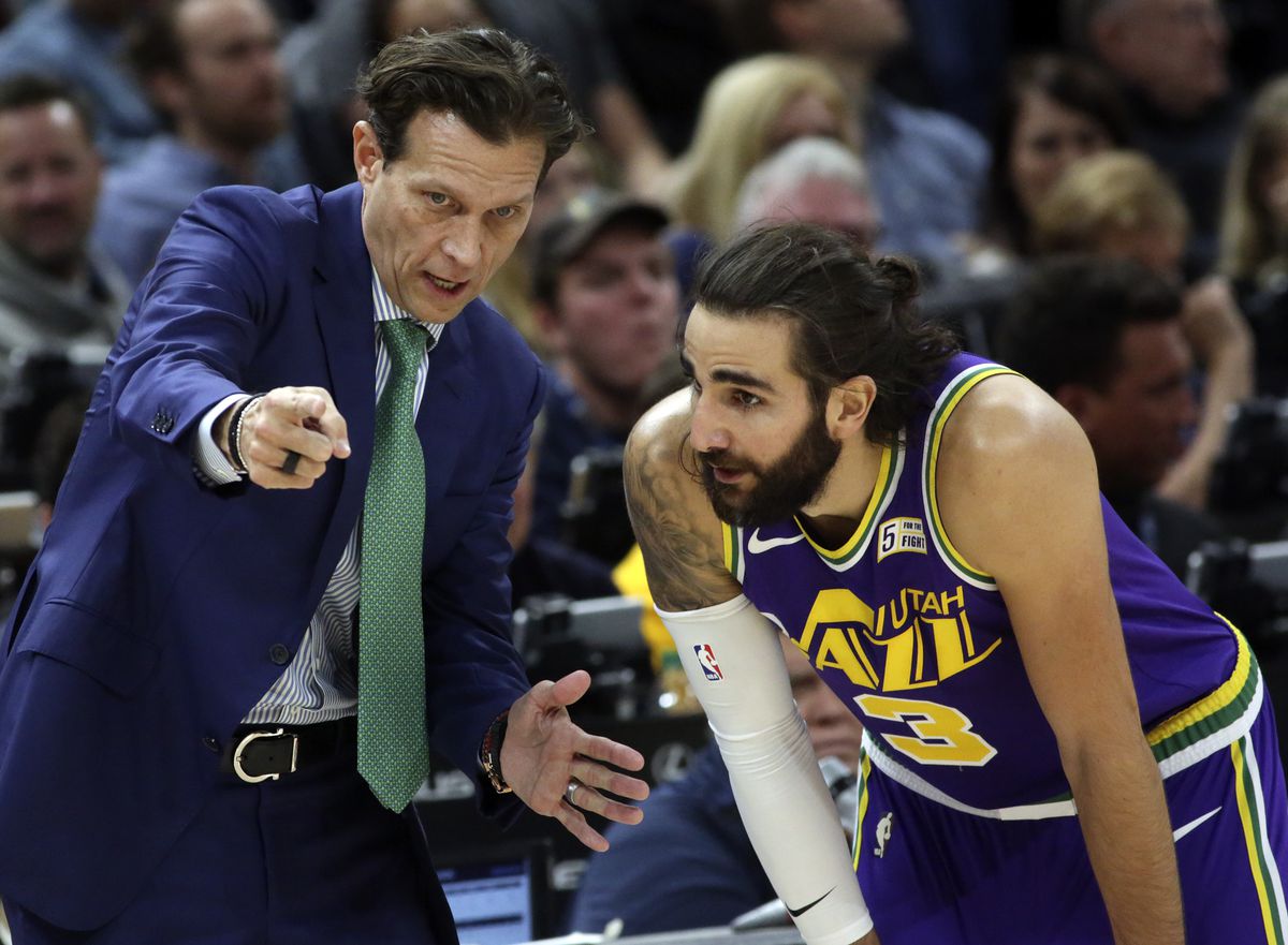 Utah Jazz head coach Quin Snyder talks to Utah Jazz guard Ricky Rubio (3) during an NBA basketball game at the Vivint Arena in Salt Lake City on Monday, Nov. 26, 2018. The Jazz lost 121-88.