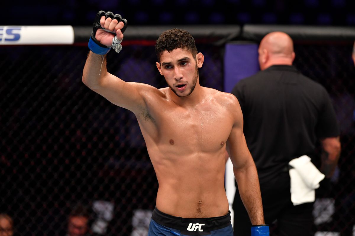 Fares Ziam of France reacts after the conclusion of his lightweight bout against Don Madge of South Africa during UFC 242 at The Arena on September 7, 2019 in Yas Island, Abu Dhabi, United Arab Emirates.