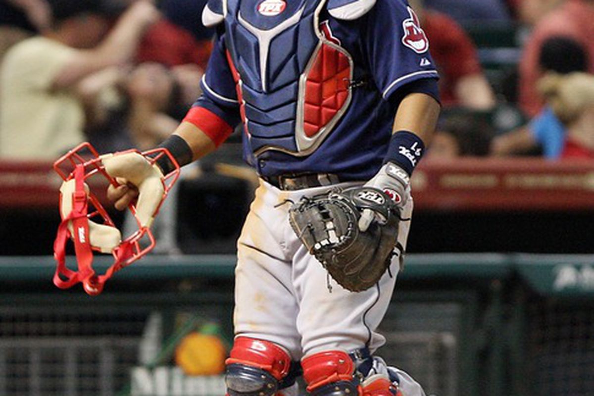 June 22, 2012; Houston, TX, USA; Cleveland Indians catcher Carlos Santana (41) during the fifth inning against the Houston Astros at Minute Maid Park. Mandatory Credit: Troy Taormina-US PRESSWIRE