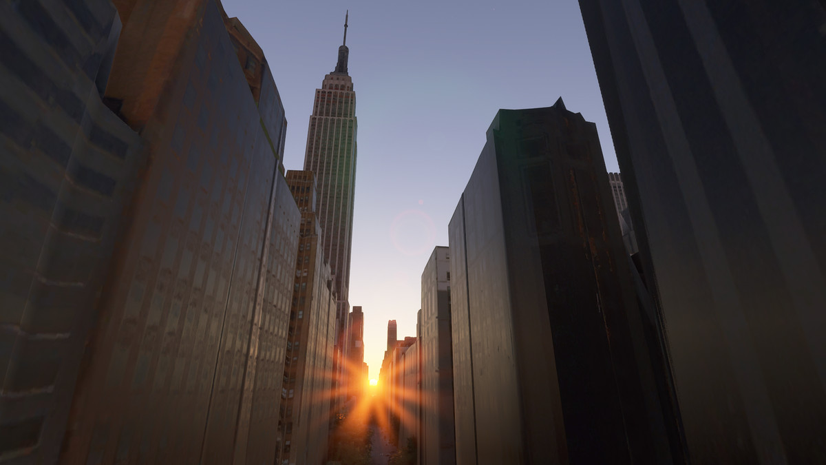 New York City during Manhattanhenge in Microsoft Flight Simulator