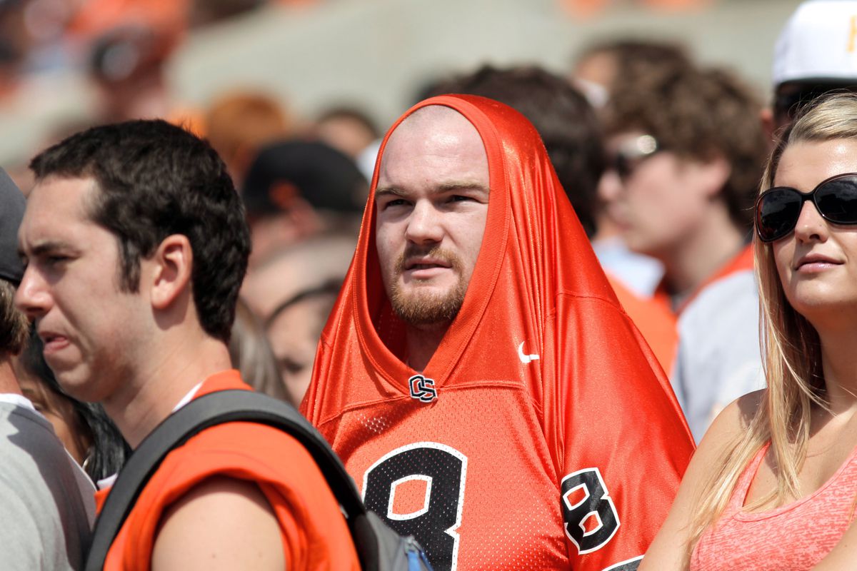 Sept. 8, 2012; Corvallis, OR, USA; An Oregon State Beavers fan wears his jersey over his head during the first half of the Beavers- Wisconsin Badgers game at Reser Stadium. Mandatory Credit: Jaime Valdez-US PRESSWIRE