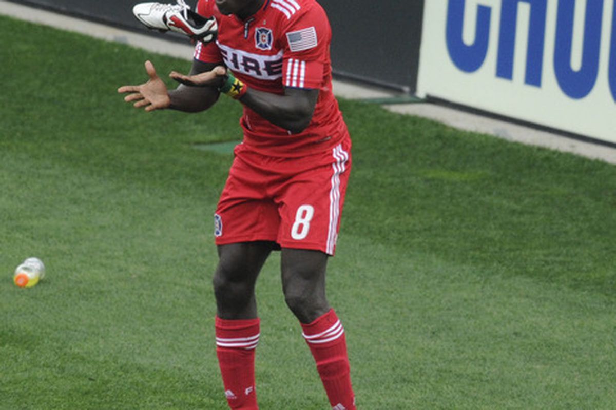 BRIDGEVIEW, IL -SEPTEMBER 25: Dominic Oduro #8 of the Chicago Fire celebrates his goal against the New England Revolution during an MLS match on September 25, 2011 at Toyota Park in Bridgeview, Illinois.  (Photo by David Banks/Getty Images)