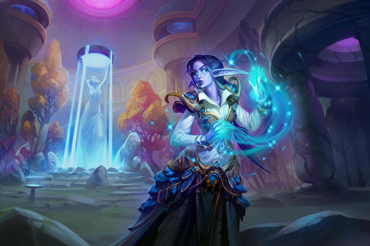 Hearthstone - A night elf healer stands in the Temple of the Moon.