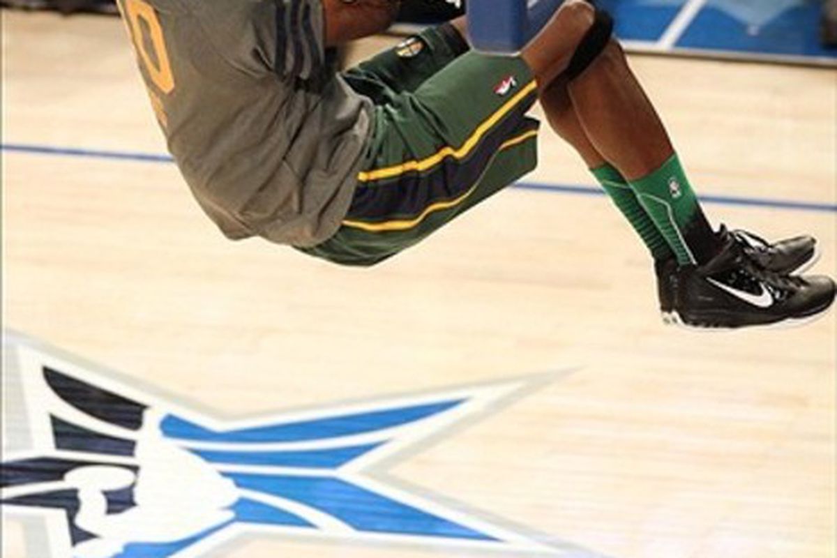 February 25, 2012; Orlando FL, USA; Jeremy Evans of the Utah Jazz dunks during the 2012 NBA All-Star Slam Dunk Contest at the Amway Center. Mandatory Credit: Kim Klement-US PRESSWIRE