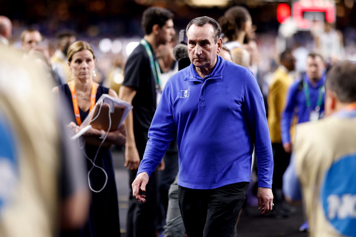 Head coach Mike Krzyzewski of the Duke Blue Devils walks toward the locker room following their loss to the North Carolina Tar Heels during the 2022 NCAA Men’s Basketball Tournament Final Four at Caesars Superdome on April 2, 2022 in New Orleans, Louisiana.