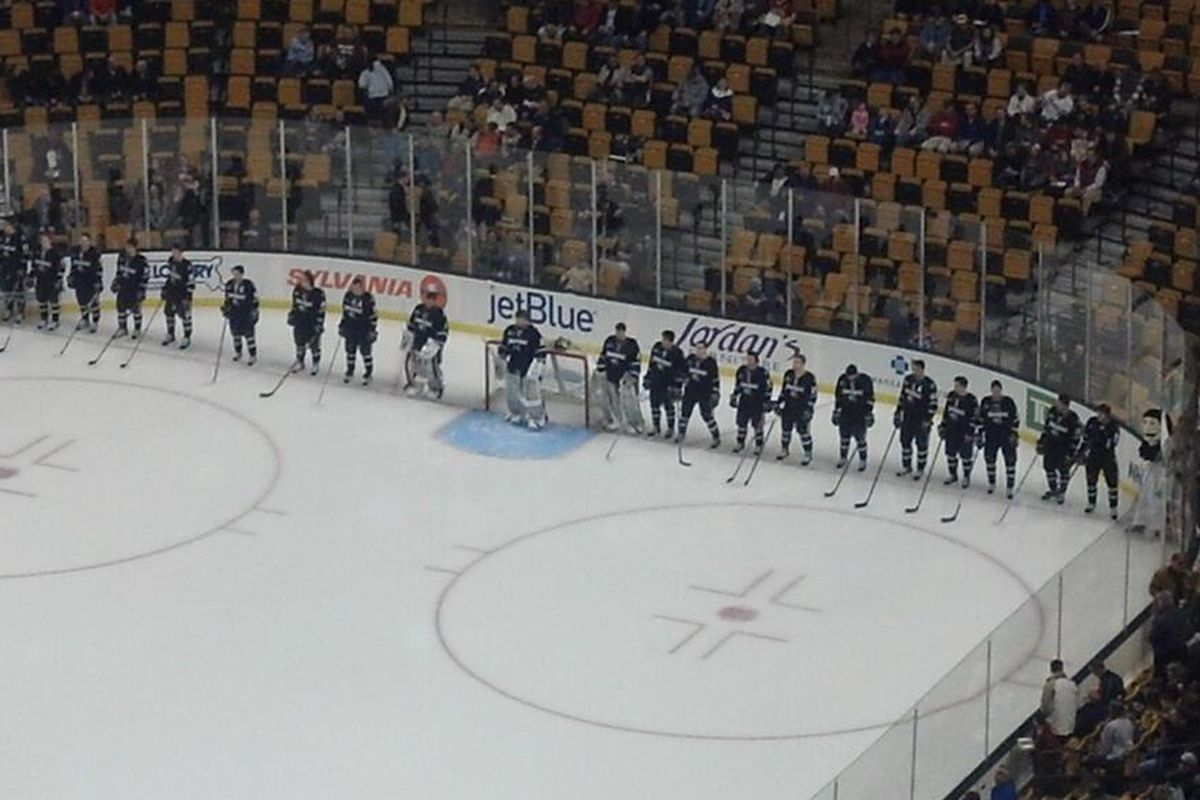 Providence players line up for the national anthem and starting lineups prior to the 2013 Hockey East Semifinals at the TD Garden in Boston, Mass.