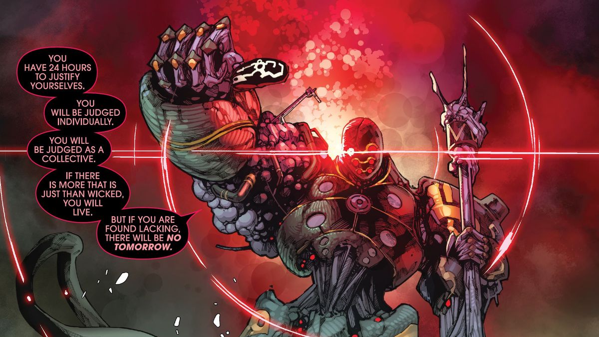 A new Celestial stands above a battlefield, its red eyes gleaming, its fist raised with thumb held horizontal as it promises it will judge all beings on Earth. “If you are found lacking,” it intones, “there will be no tomorrow,” in AXE: Judgment Day #2 (2022).