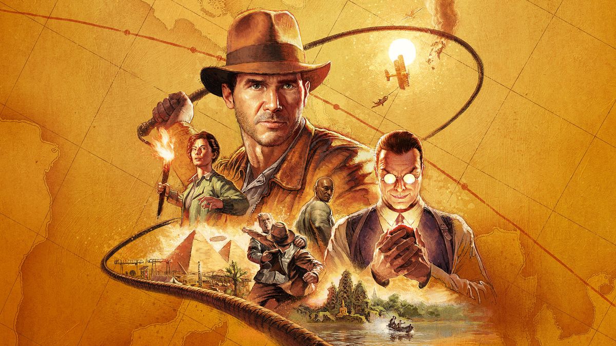 Illustrated artwork of Indiana Jones and the Great Circle, featuring the characters Gina, Indiana Jones, and Emmerich Voss, among others