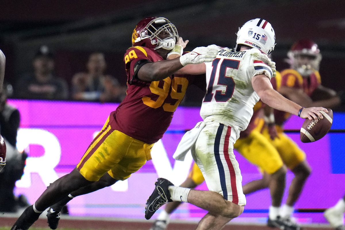USC Trojans defeats the Arizona Wildcats 41-34 during a NCAA football game at the Los Angeles Memorial Coliseum in Los Angeles.